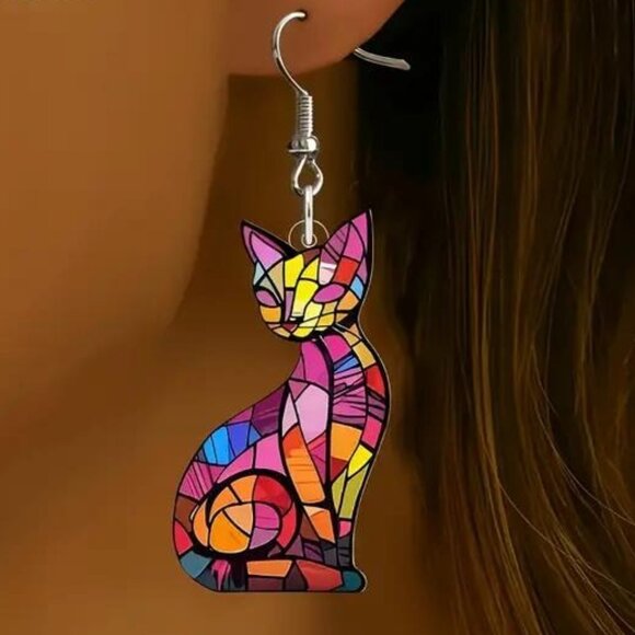 STAINED GLASS CAT DANGLES in Rainbow - Picture 1 of 1